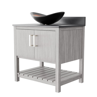 30-inch Novatto bath vanity with storm grey quartz countertop and integrated sink, showcasing sleek modern bathroom accessory