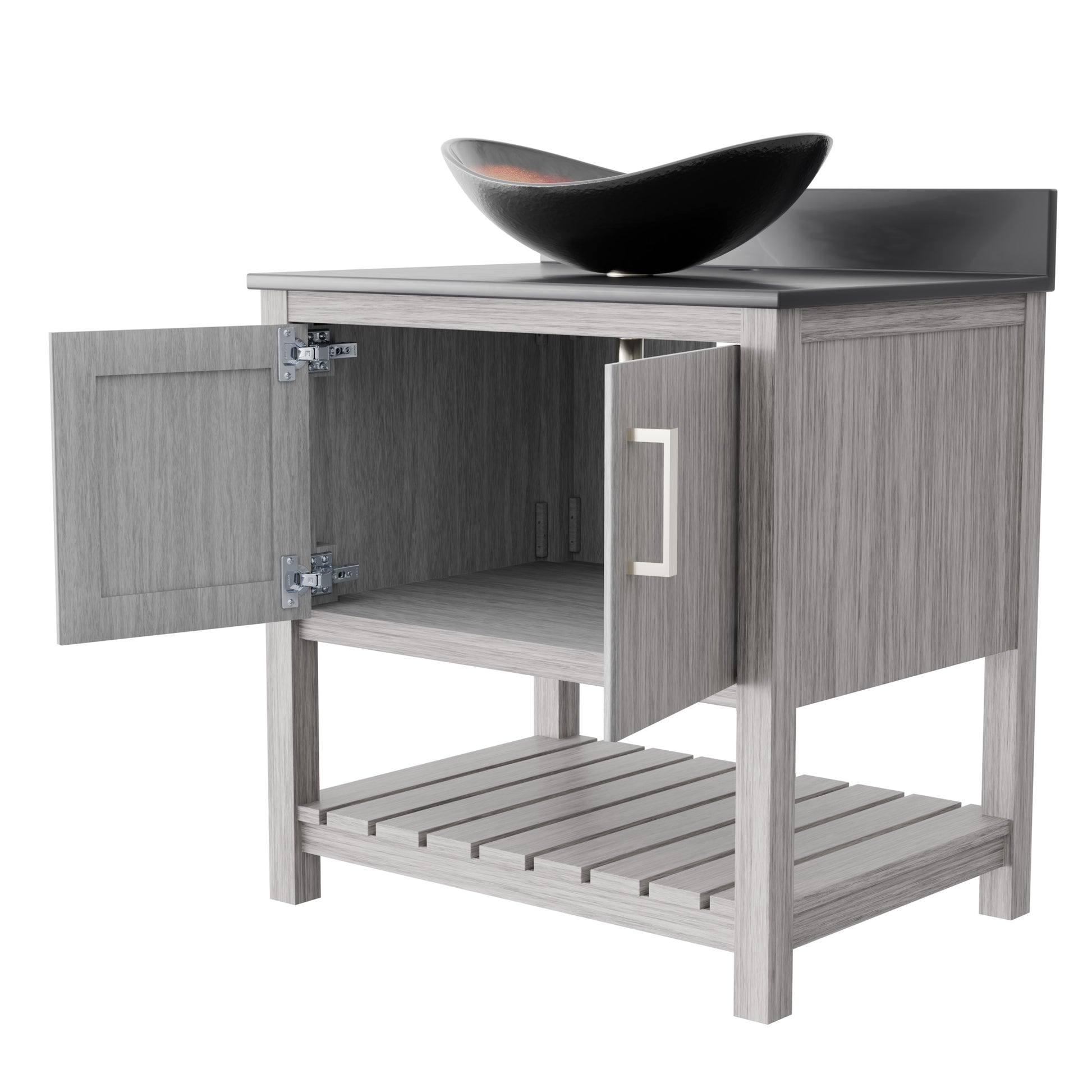30-inch Novatto bath vanity with storm grey quartz countertop and integrated sink, modern bathroom accessory.