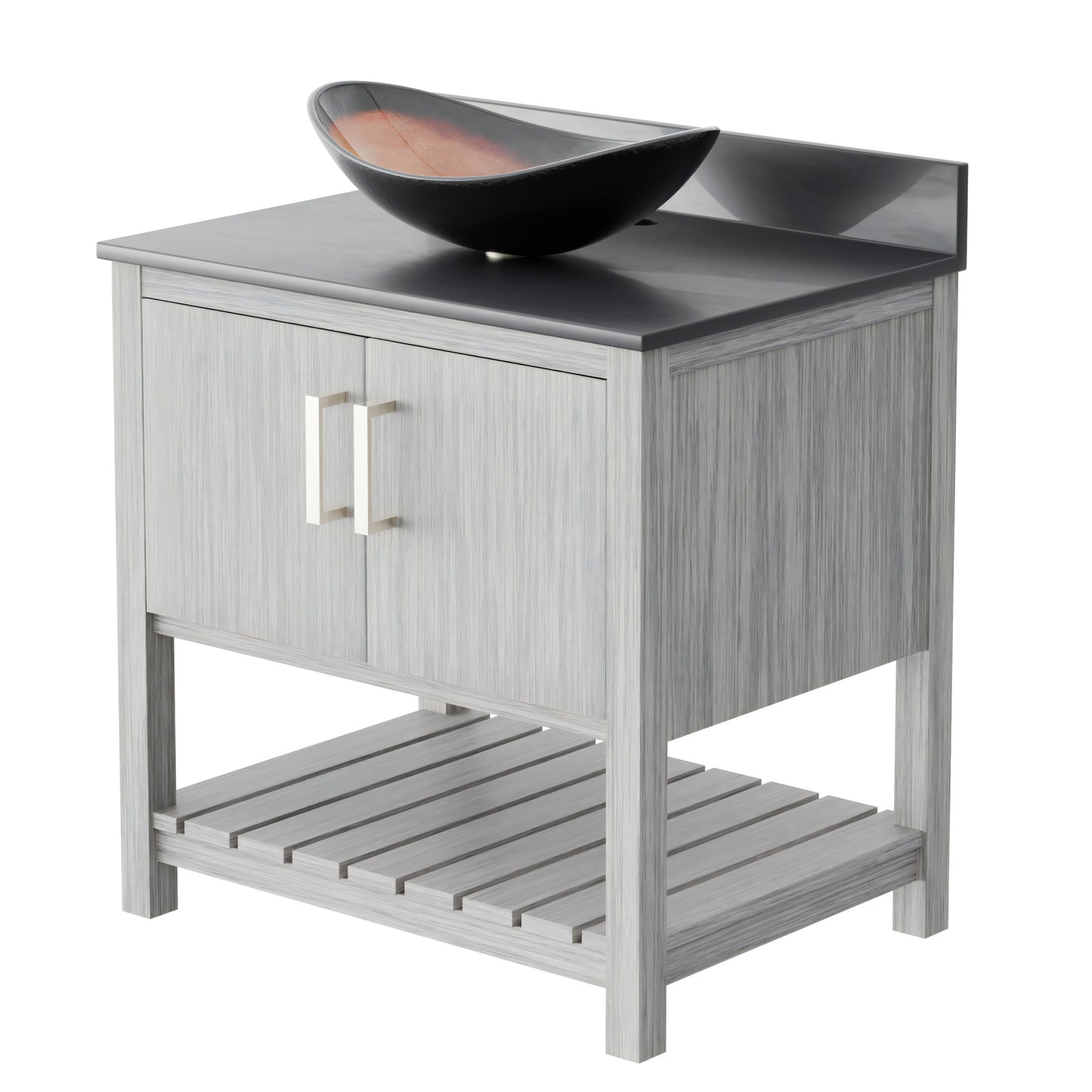 30-inch Novatto bath vanity with storm grey quartz countertop and sink, showcasing the elegant bathroom accessory design.