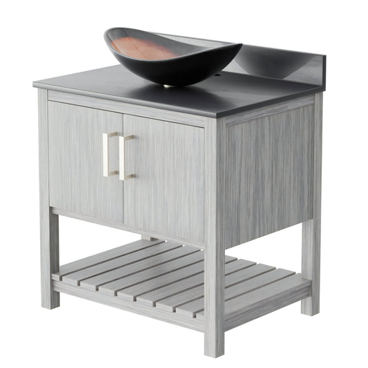 30-inch Novatto bath vanity with storm grey quartz countertop and sink, showcasing the elegant bathroom accessory design.