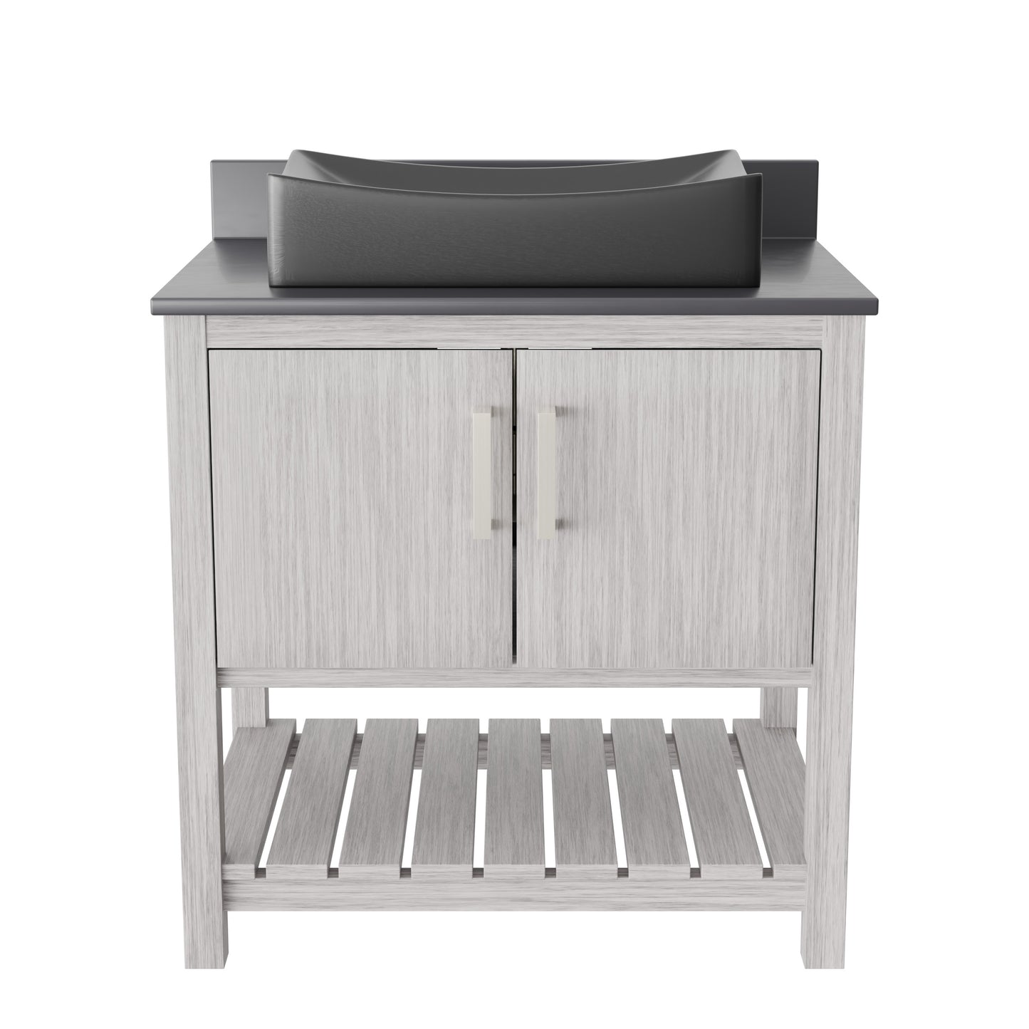 30-inch Novatto bath vanity with storm grey quartz counter and sink, featuring a modern bathroom accessory design.