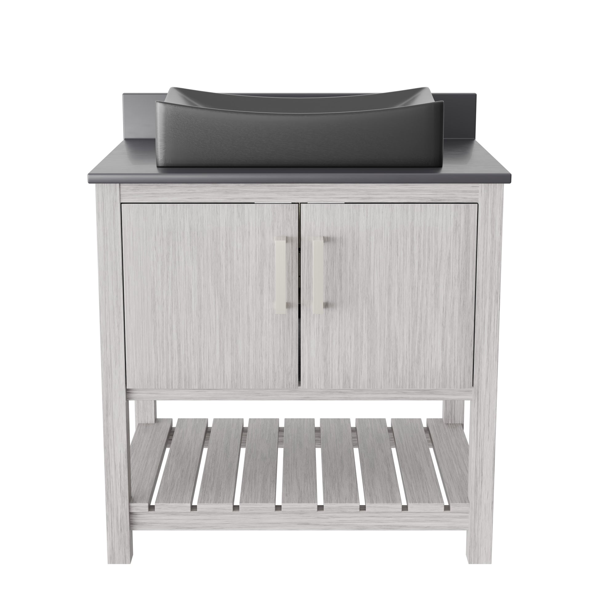30-inch Novatto bath vanity with storm grey quartz counter and sink, featuring a modern bathroom accessory design.