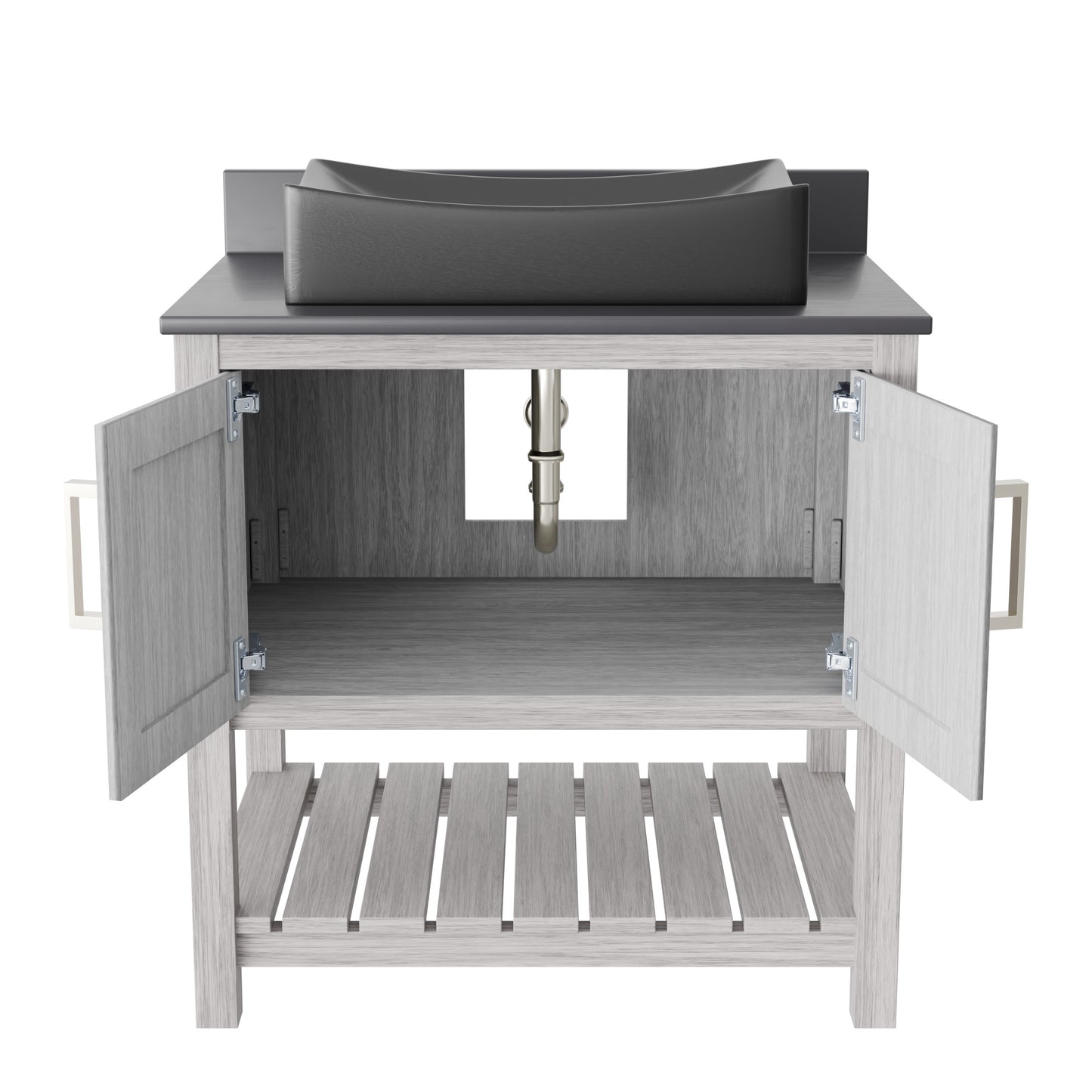 30-inch Novatto bath vanity with storm grey quartz countertop and integrated sink, showcasing sleek bathroom accessory design.