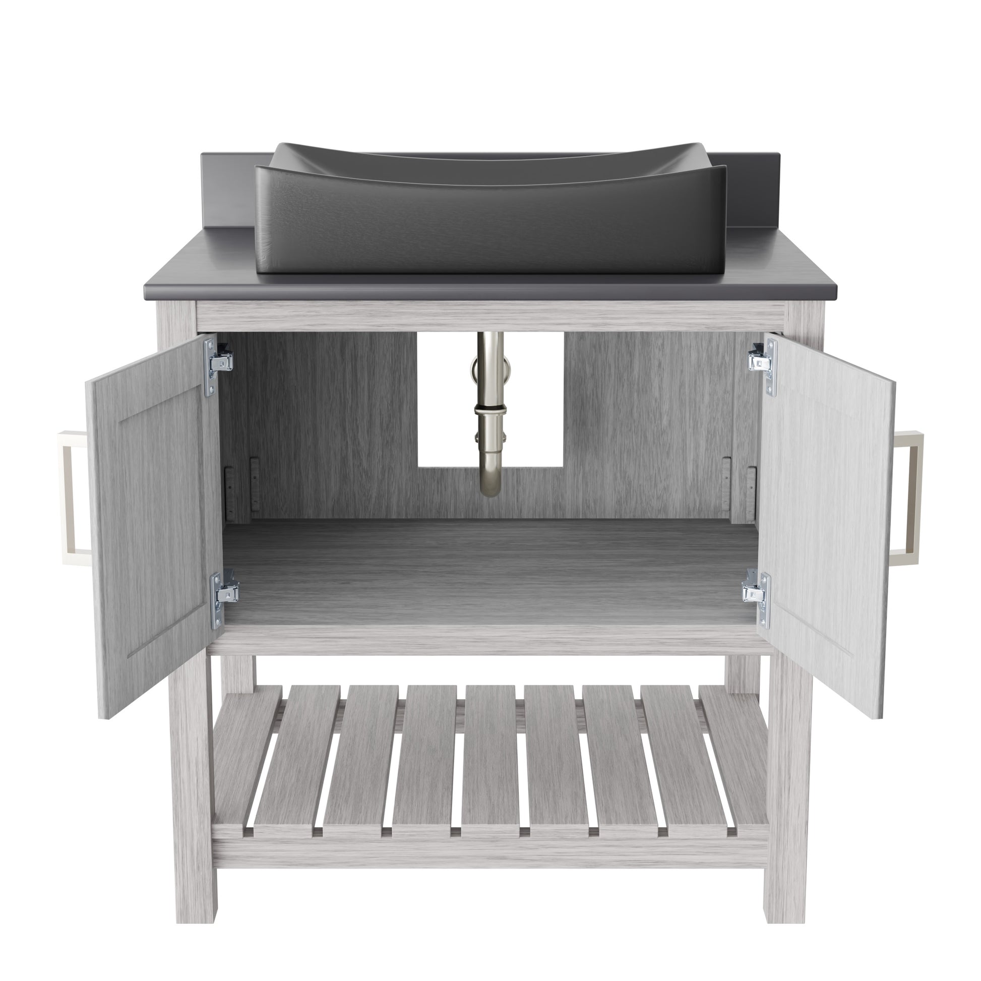 30-inch Novatto bath vanity with storm grey quartz countertop and integrated sink, showcasing sleek bathroom accessory design.