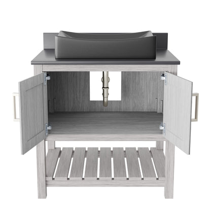 30-inch Novatto bath vanity with storm grey quartz countertop and integrated sink, showcasing sleek bathroom accessory design.