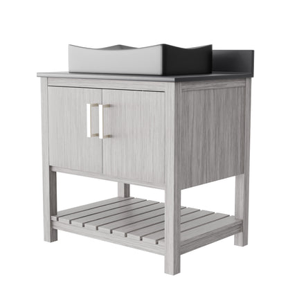30-inch Novatto bath vanity with storm grey quartz countertop and sink, showcasing sleek modern bathroom accessory.