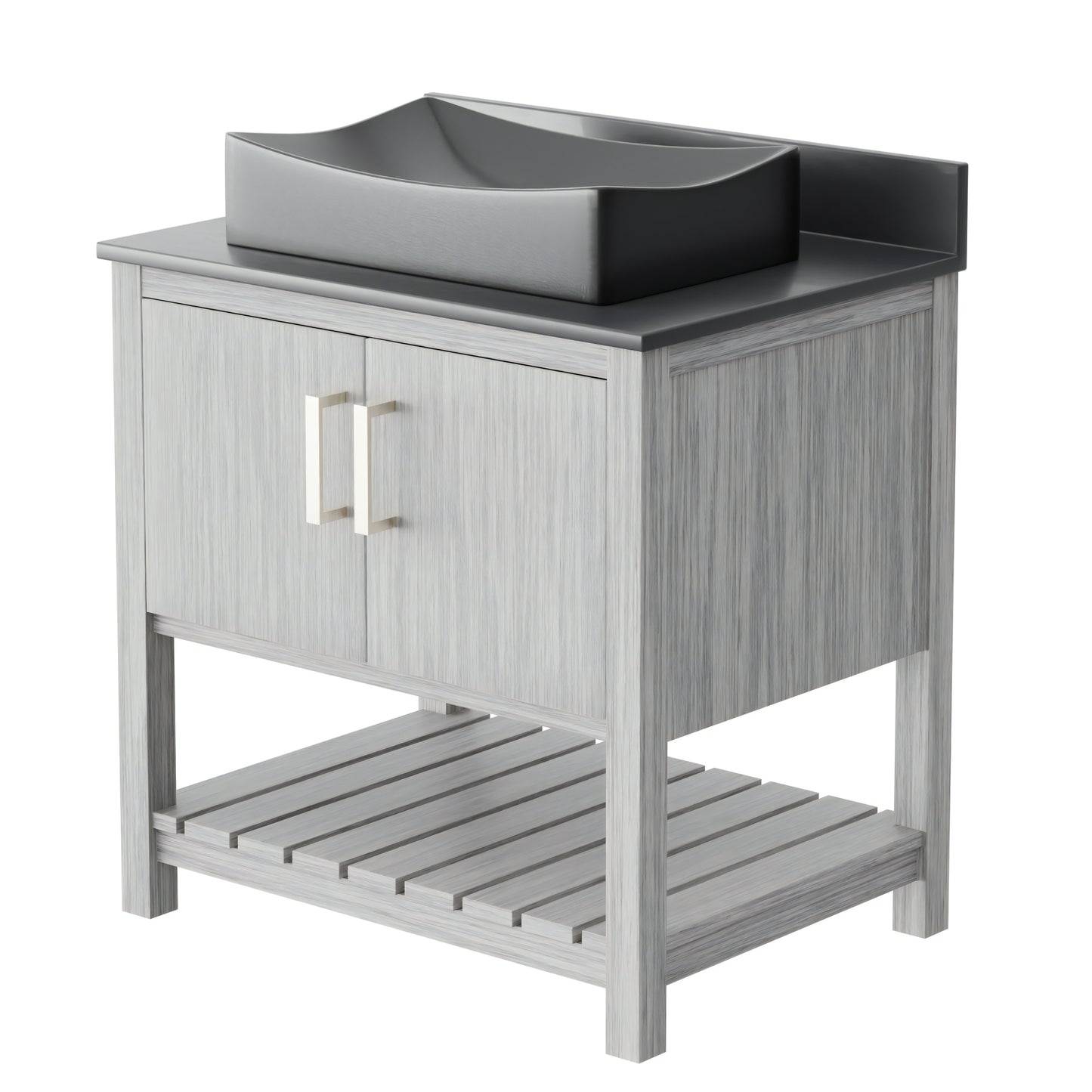 30-inch Novatto bath vanity with storm grey quartz countertop and sink, showcasing sleek bathroom accessory design.