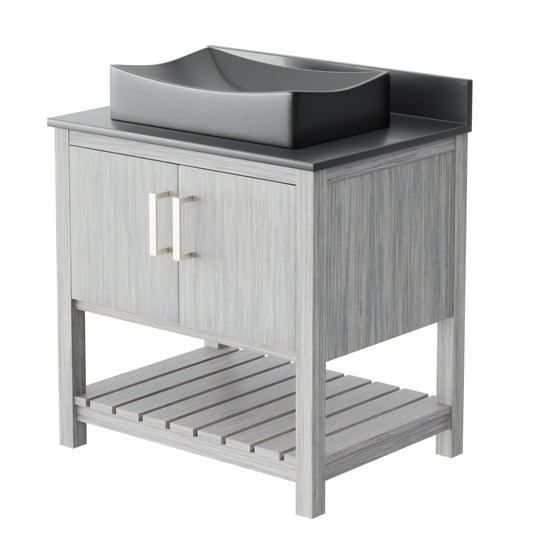 30-inch Novatto bath vanity with storm grey quartz countertop and sink, showcasing sleek bathroom accessory design.