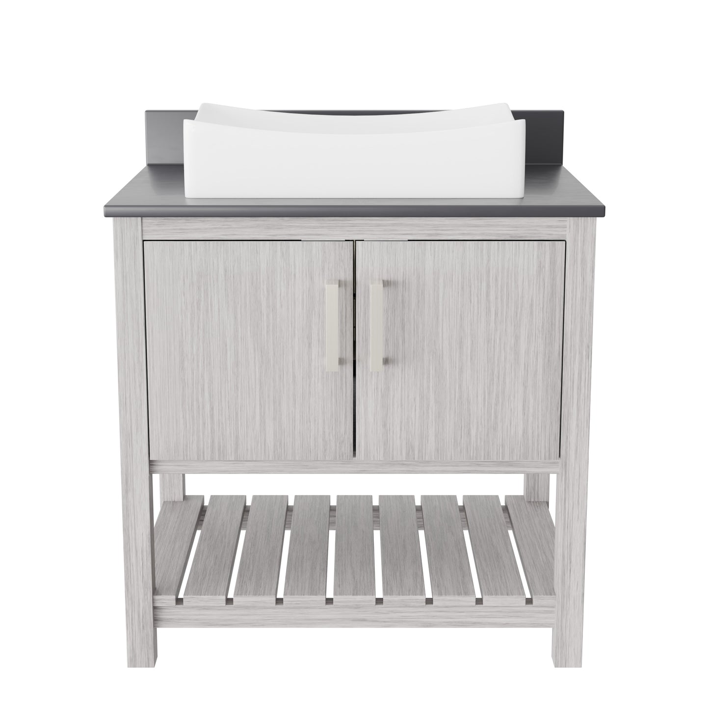 30-inch Novatto bath vanity with storm grey quartz countertop and integrated sink, showcasing sleek bathroom accessory design.