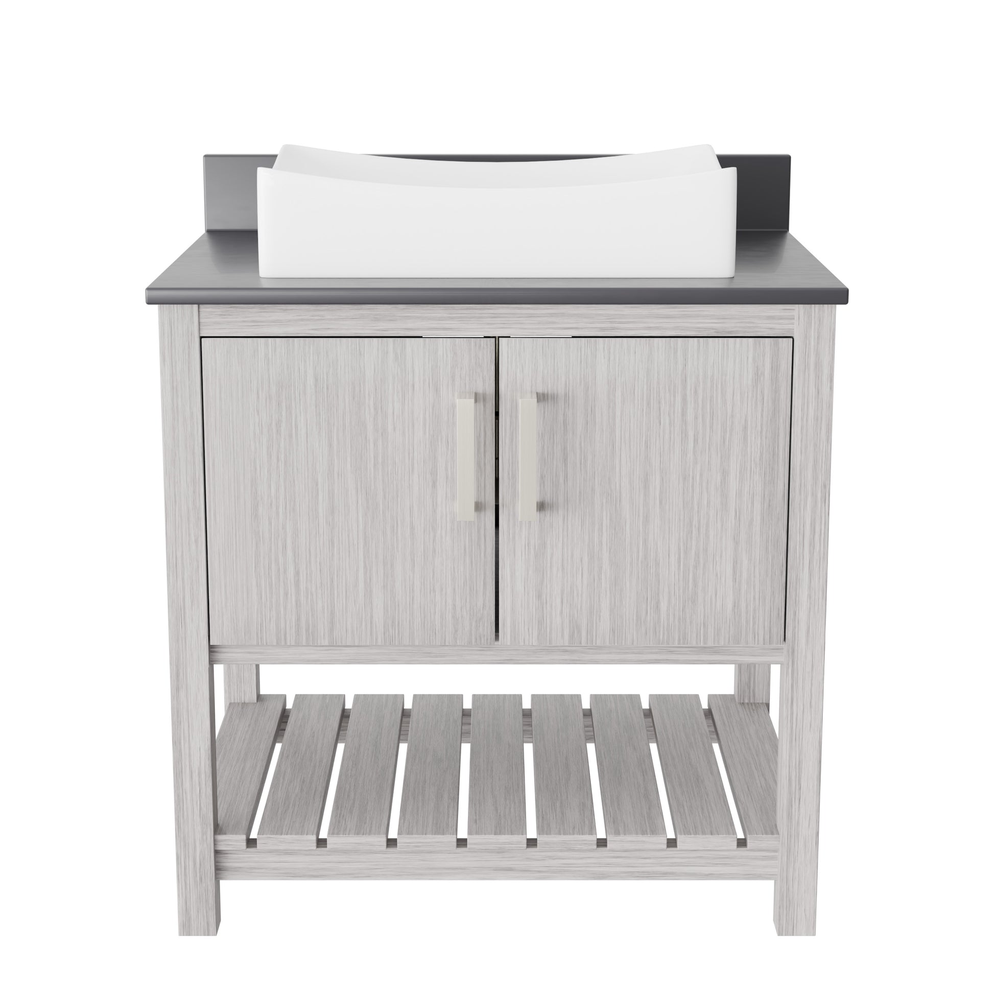 30-inch Novatto bath vanity with storm grey quartz countertop and integrated sink, showcasing sleek bathroom accessory design.