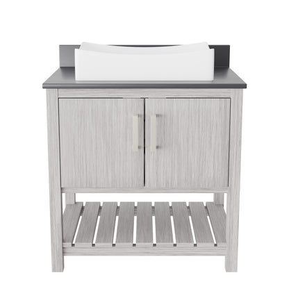30-inch Novatto bath vanity with storm grey quartz countertop and integrated sink, showcasing sleek bathroom accessory design.