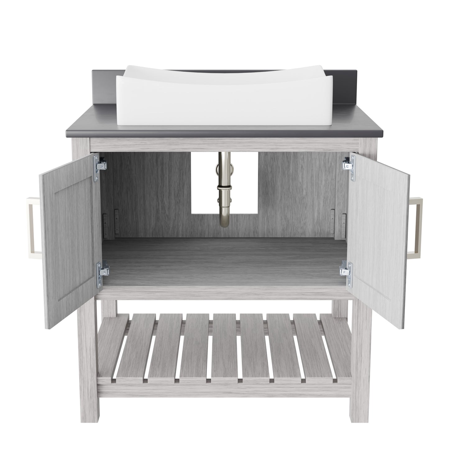 30-inch Novatto bath vanity with storm grey quartz countertop and sink, showcasing sleek design and modern bathroom accessory.