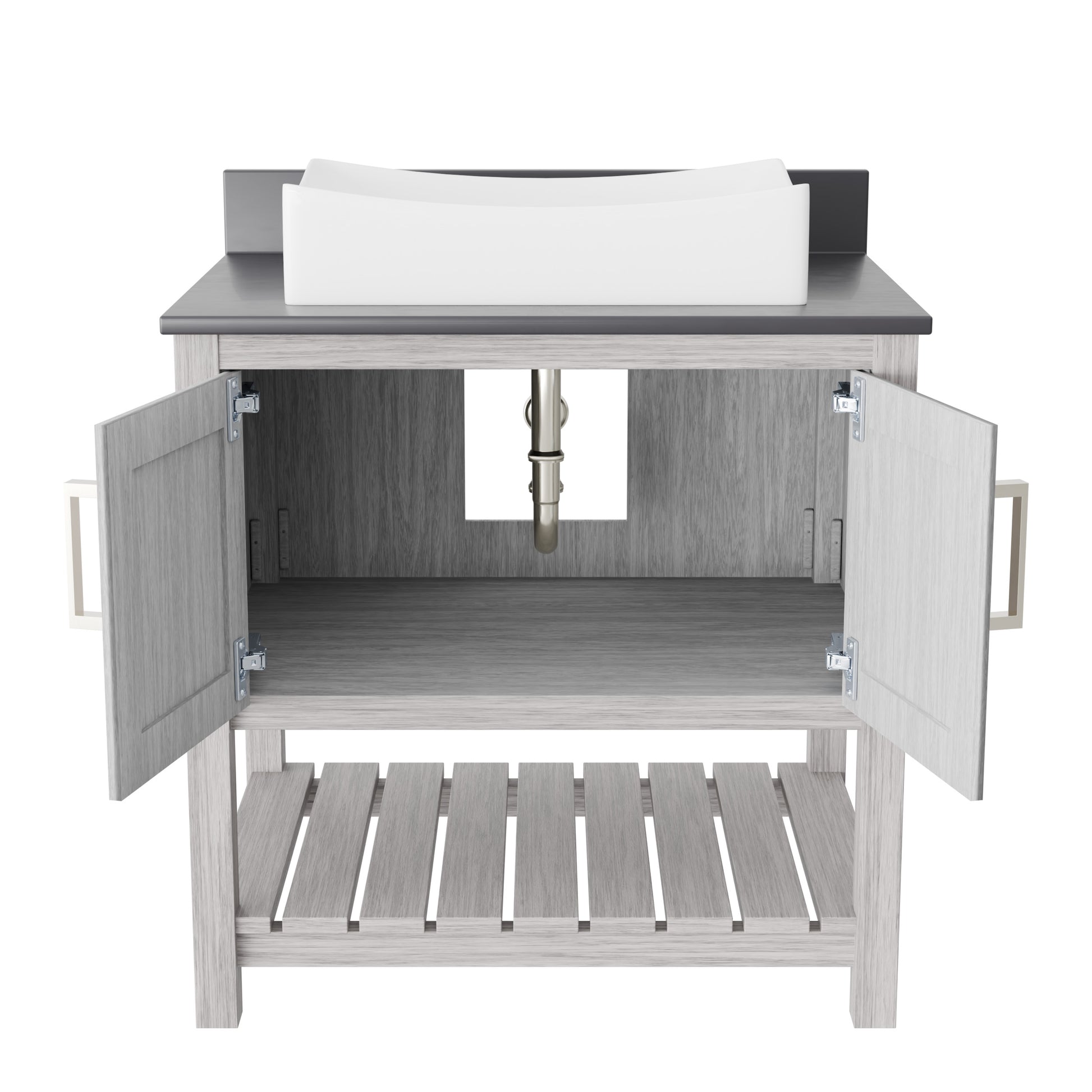 30-inch Novatto bath vanity with storm grey quartz countertop and sink, showcasing sleek design and modern bathroom accessory.