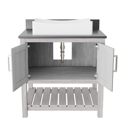30-inch Novatto bath vanity with storm grey quartz countertop and sink, showcasing sleek design and modern bathroom accessory.