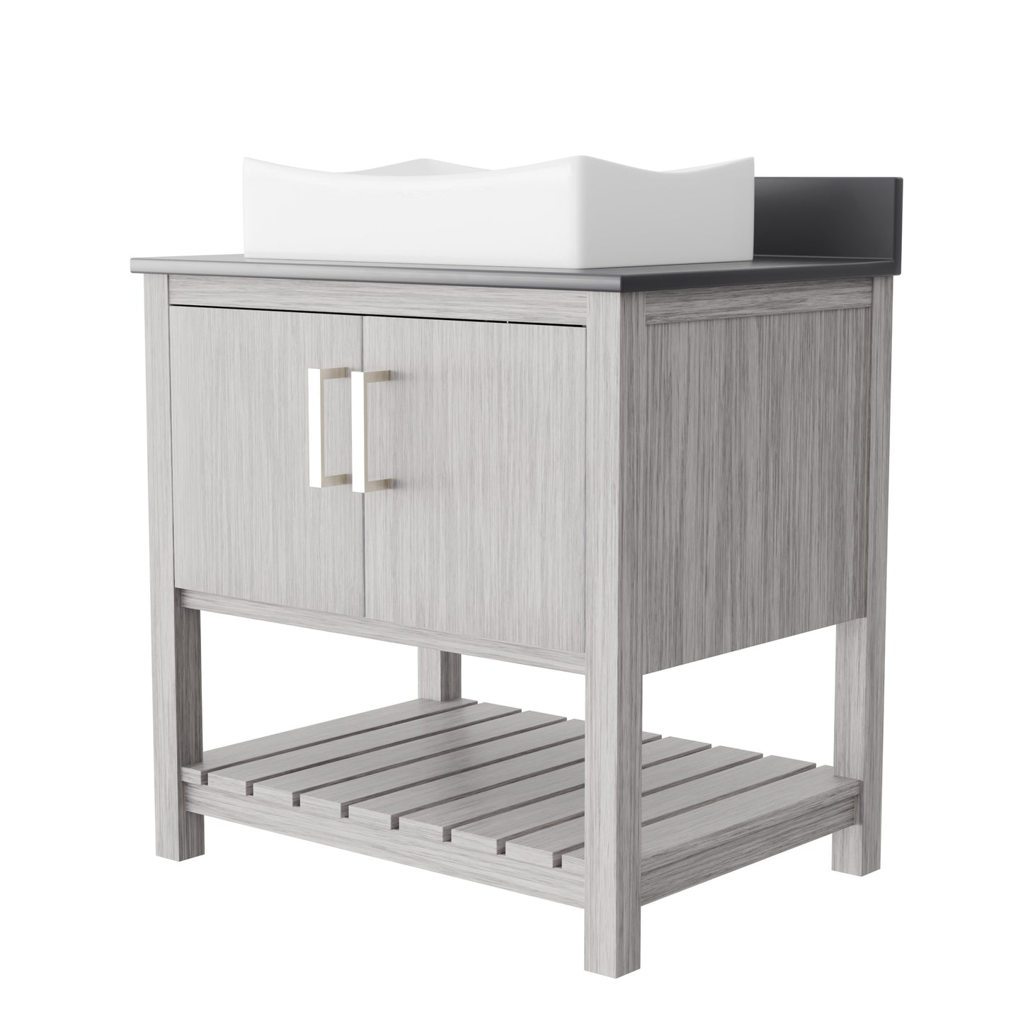 30-inch Novatto bath vanity with storm grey quartz countertop and integrated sink, shown in a modern bathroom setting.