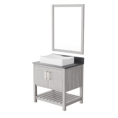 30-inch Novatto bath vanity with storm grey quartz countertop and integrated sink, showcasing sleek modern bathroom accessory.