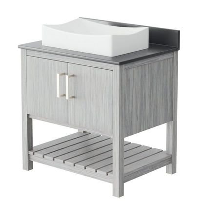 30-inch Novatto bath vanity with storm grey quartz counter and integrated sink, showcasing a modern bathroom accessory.