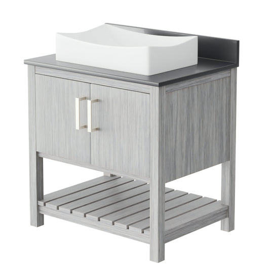 30-inch Novatto bath vanity with storm grey quartz counter and integrated sink, showcasing a modern bathroom accessory.
