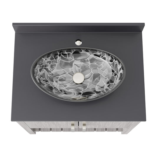 Novatto 30-inch bath vanity with storm grey quartz countertop and integrated sink, modern bathroom accessory.