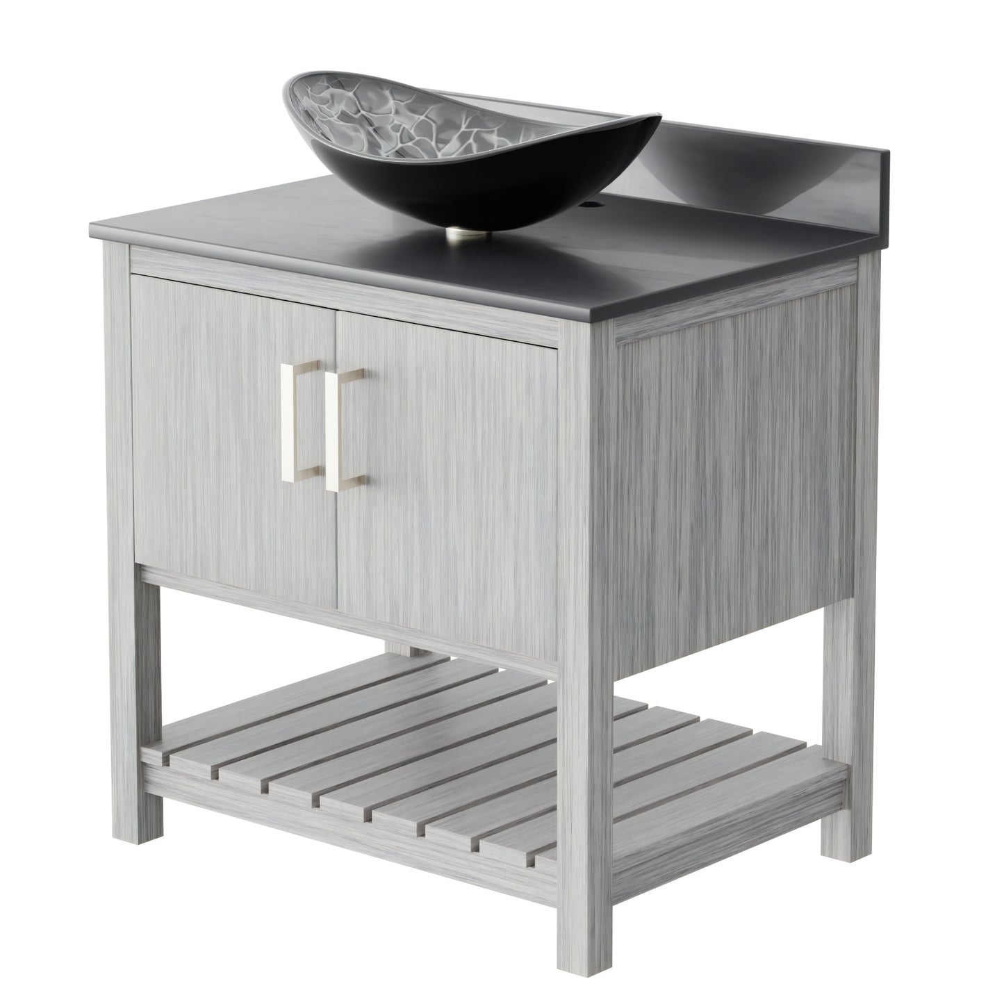 30-inch Novatto bath vanity with storm grey quartz countertop and sink, showcasing the modern bathroom accessory.