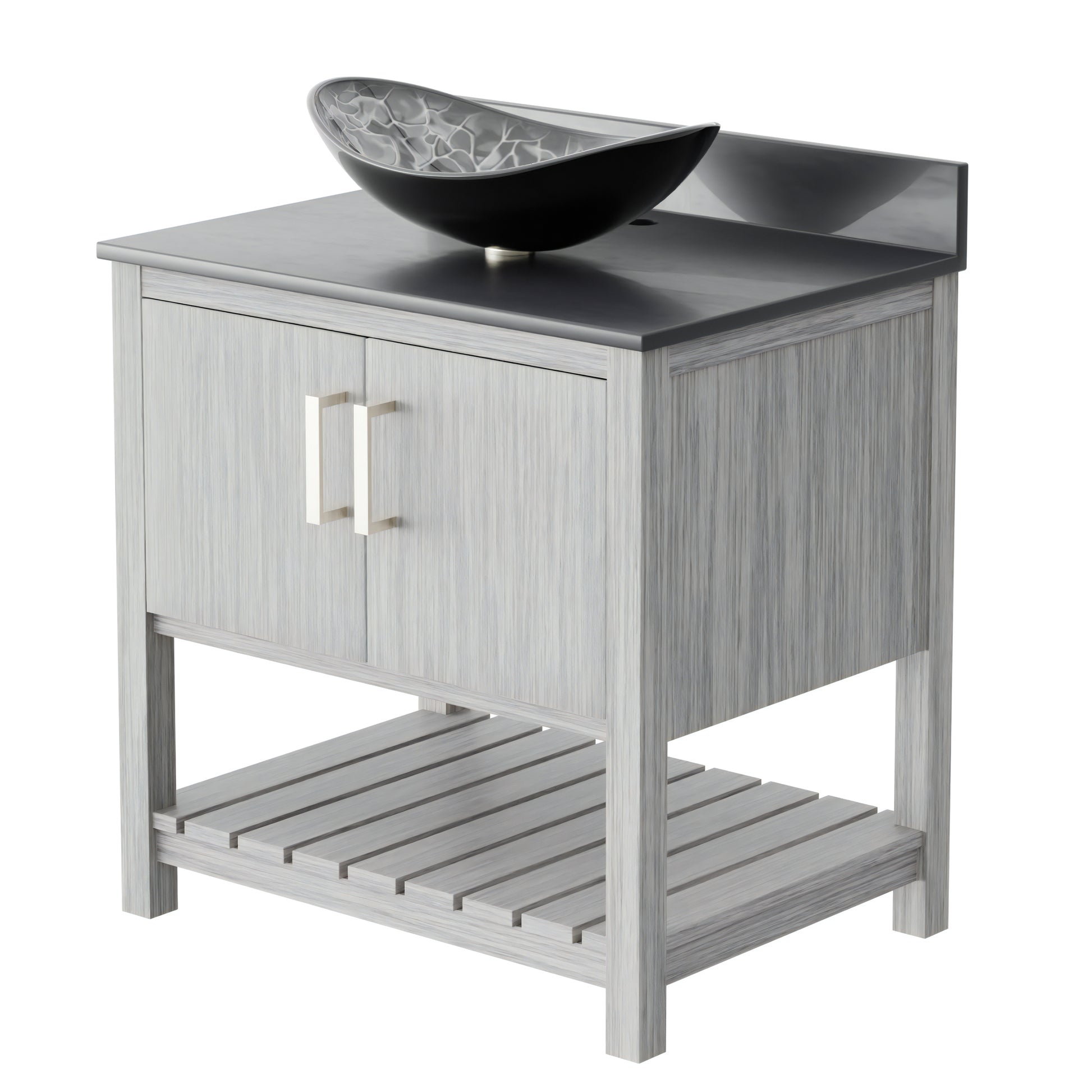 30-inch Novatto bath vanity with storm grey quartz countertop and sink, showcasing the modern bathroom accessory.