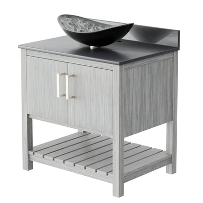 30-inch Novatto bath vanity with storm grey quartz countertop and sink, showcasing the modern bathroom accessory.