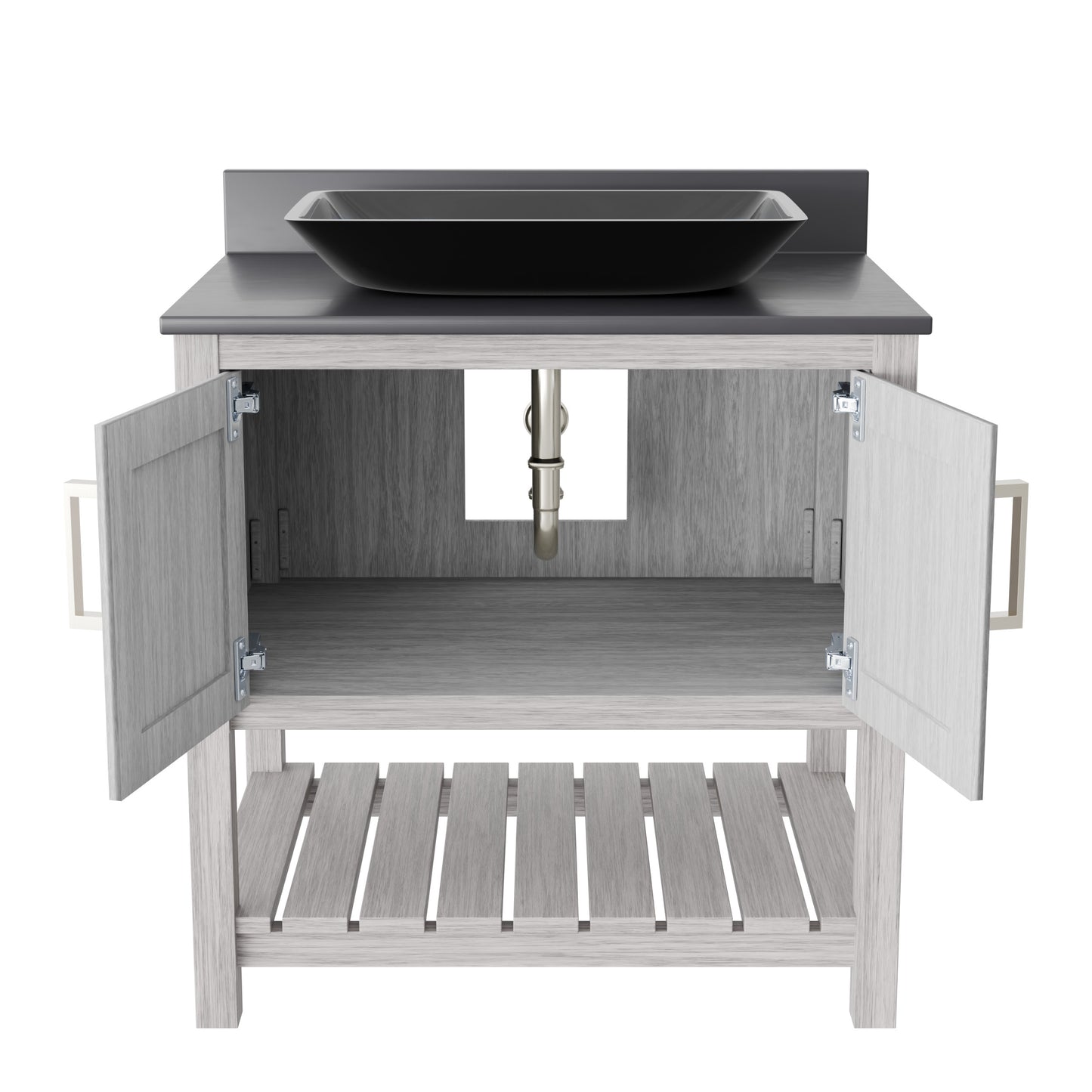 30-inch Novatto bath vanity with storm grey countertop and sink, featuring modern bathroom accessory design.