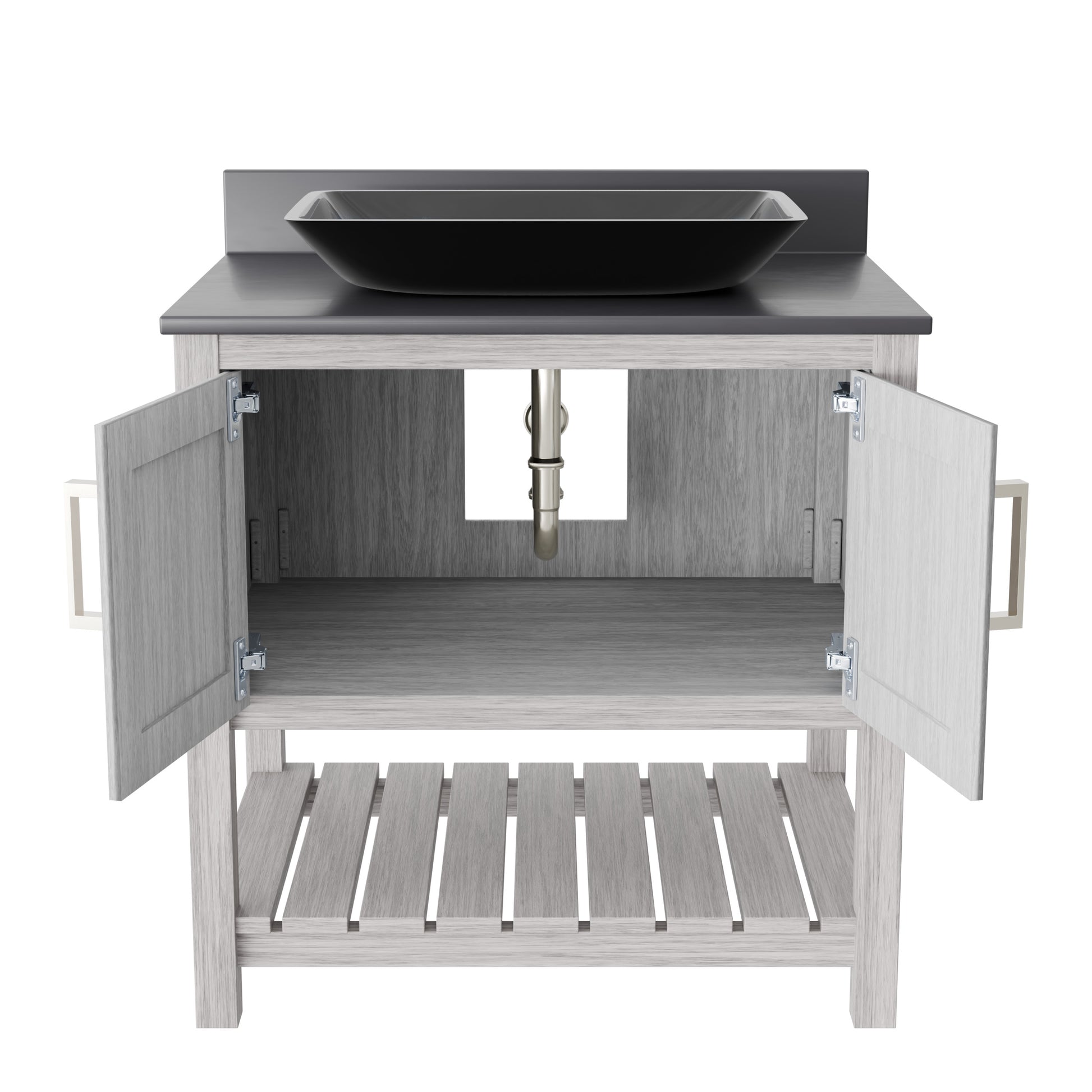 30-inch Novatto bath vanity with storm grey countertop and sink, featuring modern bathroom accessory design.