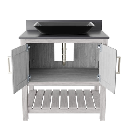 30-inch Novatto bath vanity with storm grey countertop and sink, featuring modern bathroom accessory design.