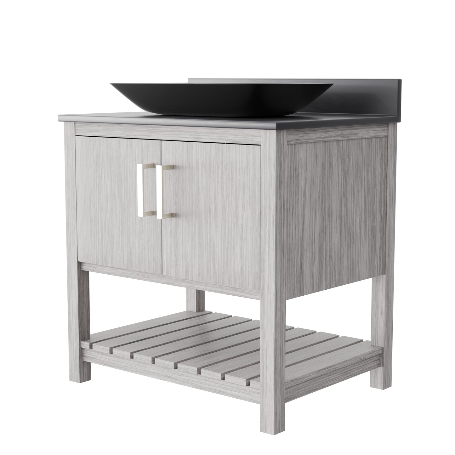 30-inch Novatto bath vanity with storm grey countertop and integrated sink, showcasing modern bathroom accessory design.