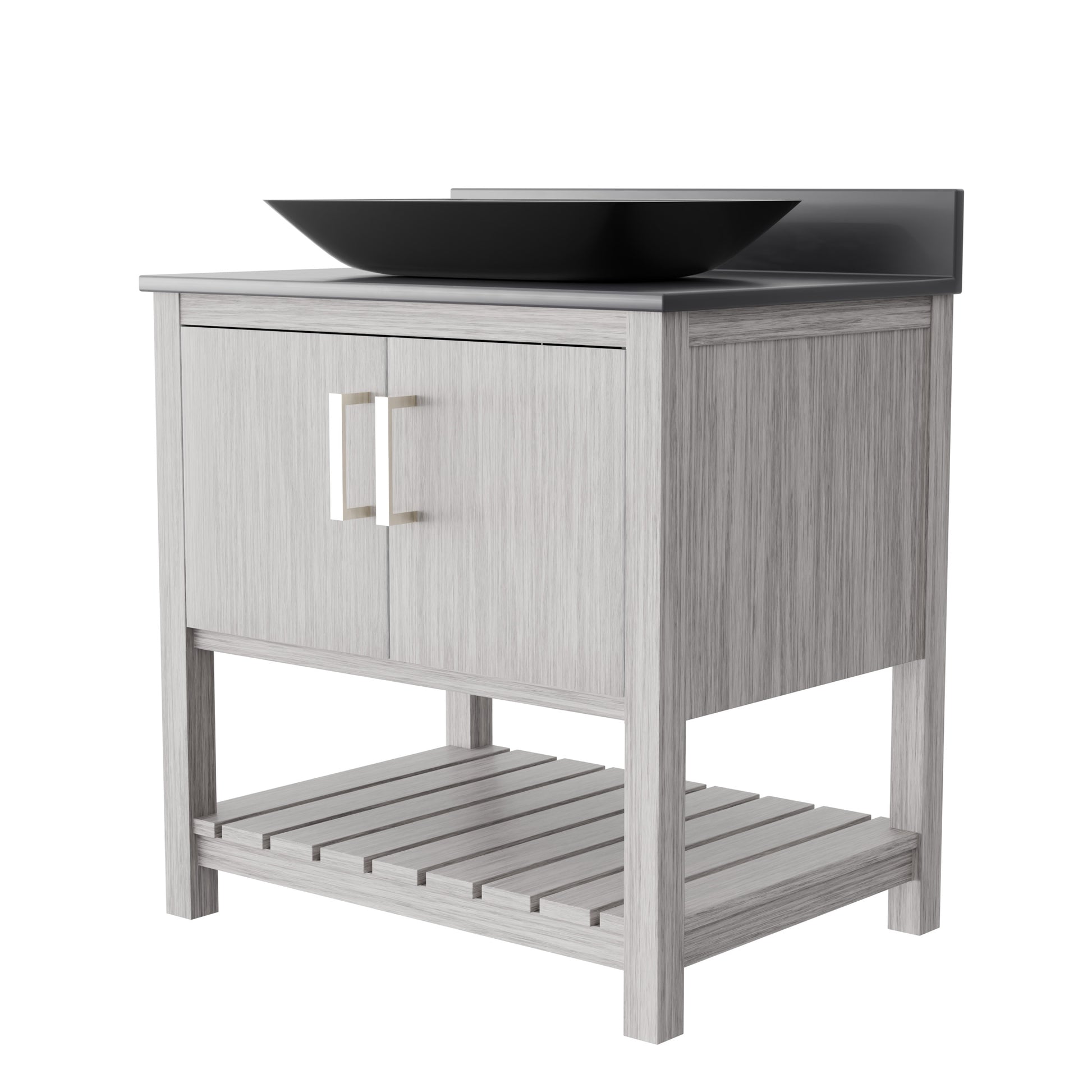 30-inch Novatto bath vanity with storm grey countertop and integrated sink, showcasing modern bathroom accessory design.