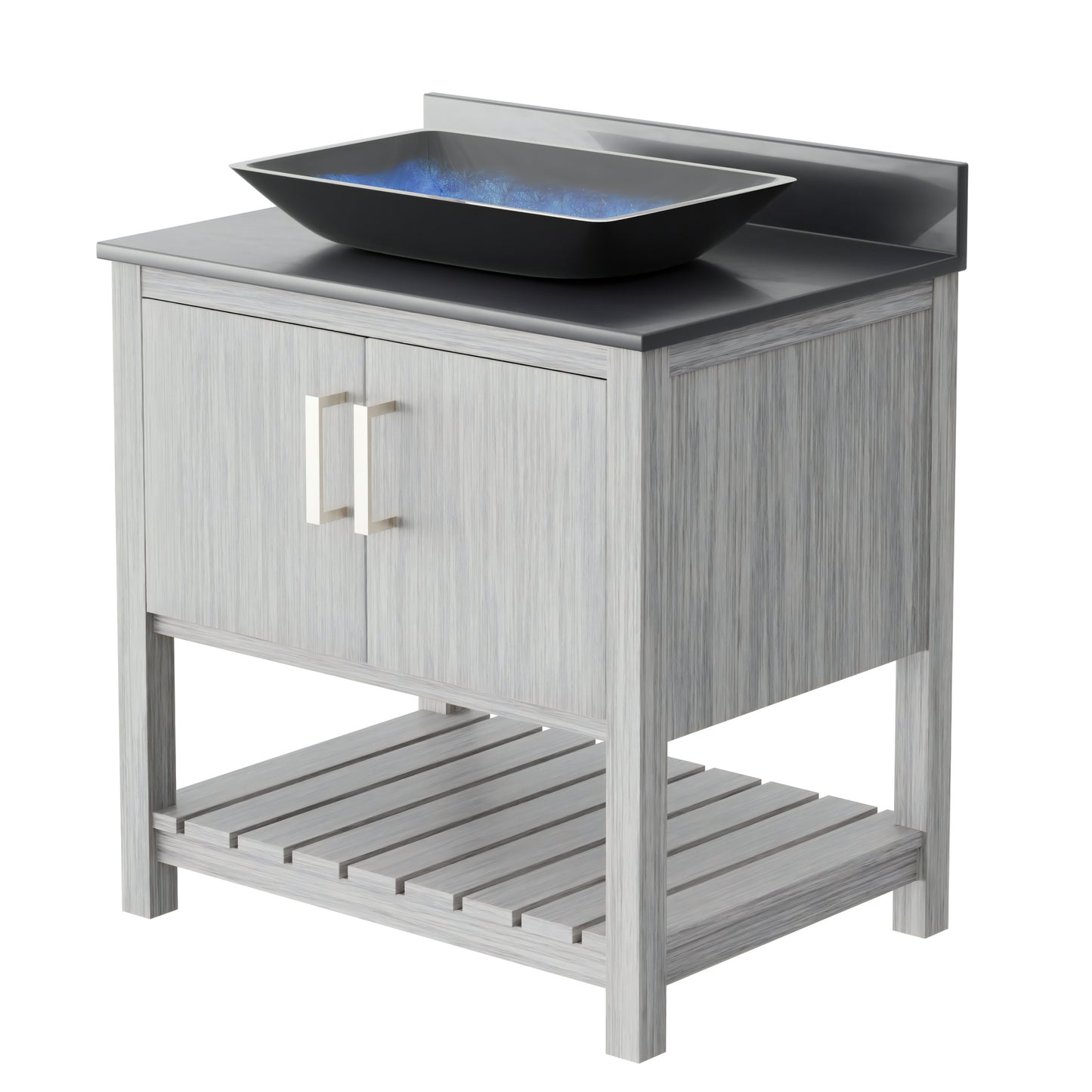 30-inch Novatto bath vanity with storm grey countertop and sink, showcasing modern bathroom accessory design.