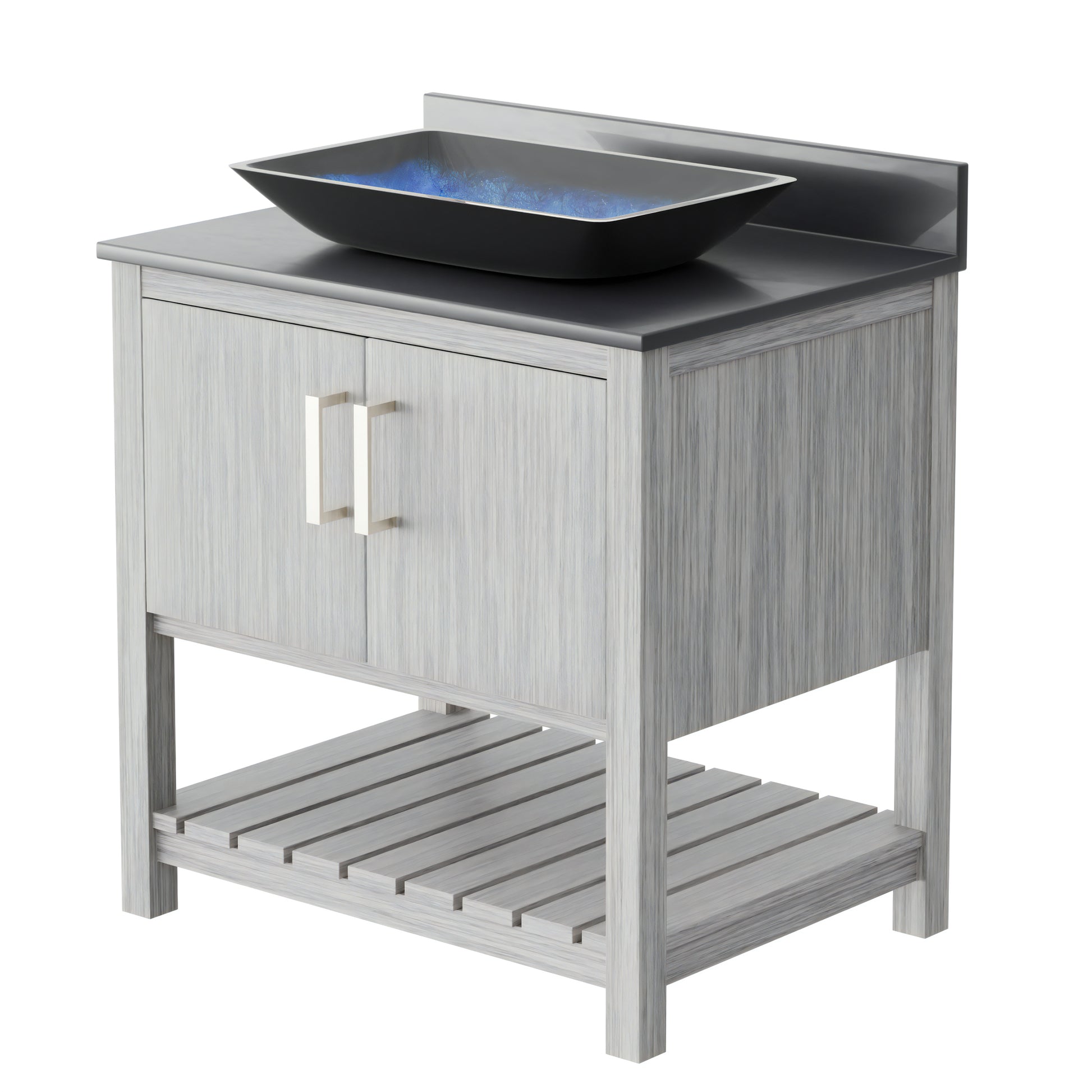30-inch Novatto bath vanity with storm grey countertop and sink, showcasing modern bathroom accessory design.