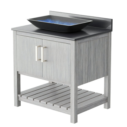 30-inch Novatto bath vanity with storm grey countertop and sink, showcasing modern bathroom accessory design.
