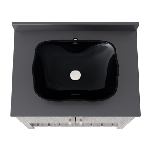 30-inch Novatto bath vanity with storm grey quartz countertop and sink, showcasing sleek bathroom accessory design.