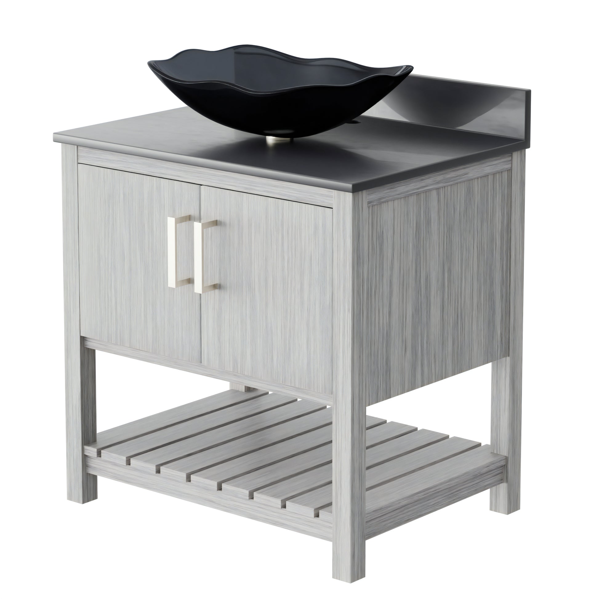30-inch Novatto bath vanity with storm grey quartz countertop and integrated sink, modern bathroom accessory.