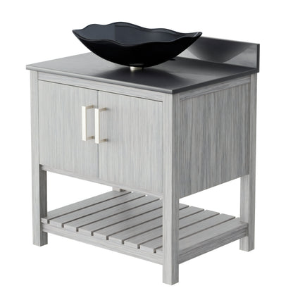 30-inch Novatto bath vanity with storm grey quartz countertop and integrated sink, modern bathroom accessory.