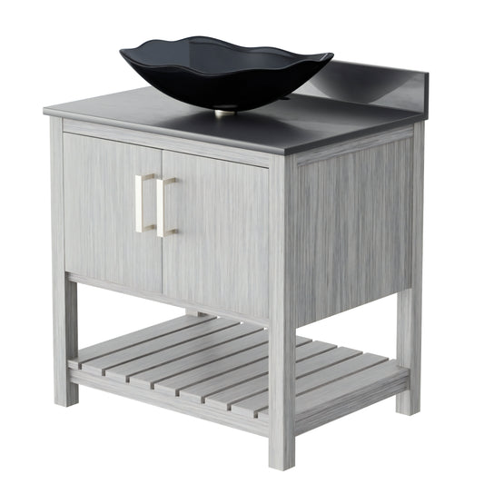 30-inch Novatto bath vanity with storm grey quartz countertop and integrated sink, modern bathroom accessory.