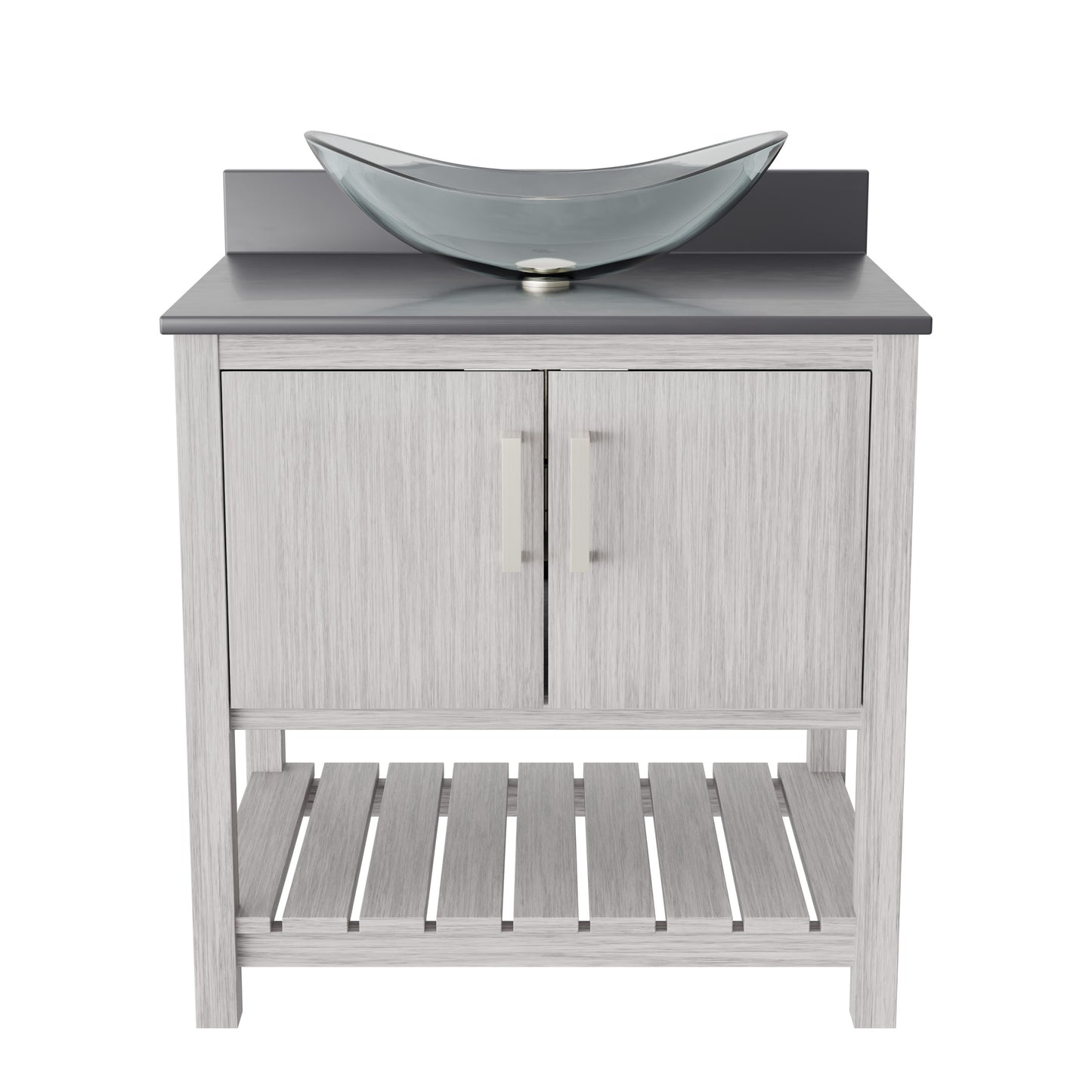 30-inch Novatto bath vanity with storm grey quartz countertop and integrated sink, stylish bathroom accessory.