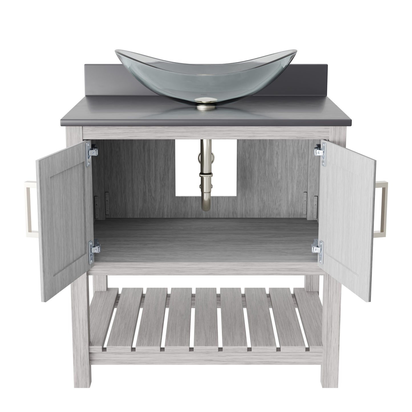 30-inch Novatto bath vanity with storm grey quartz countertop and integrated sink, modern bathroom accessory.