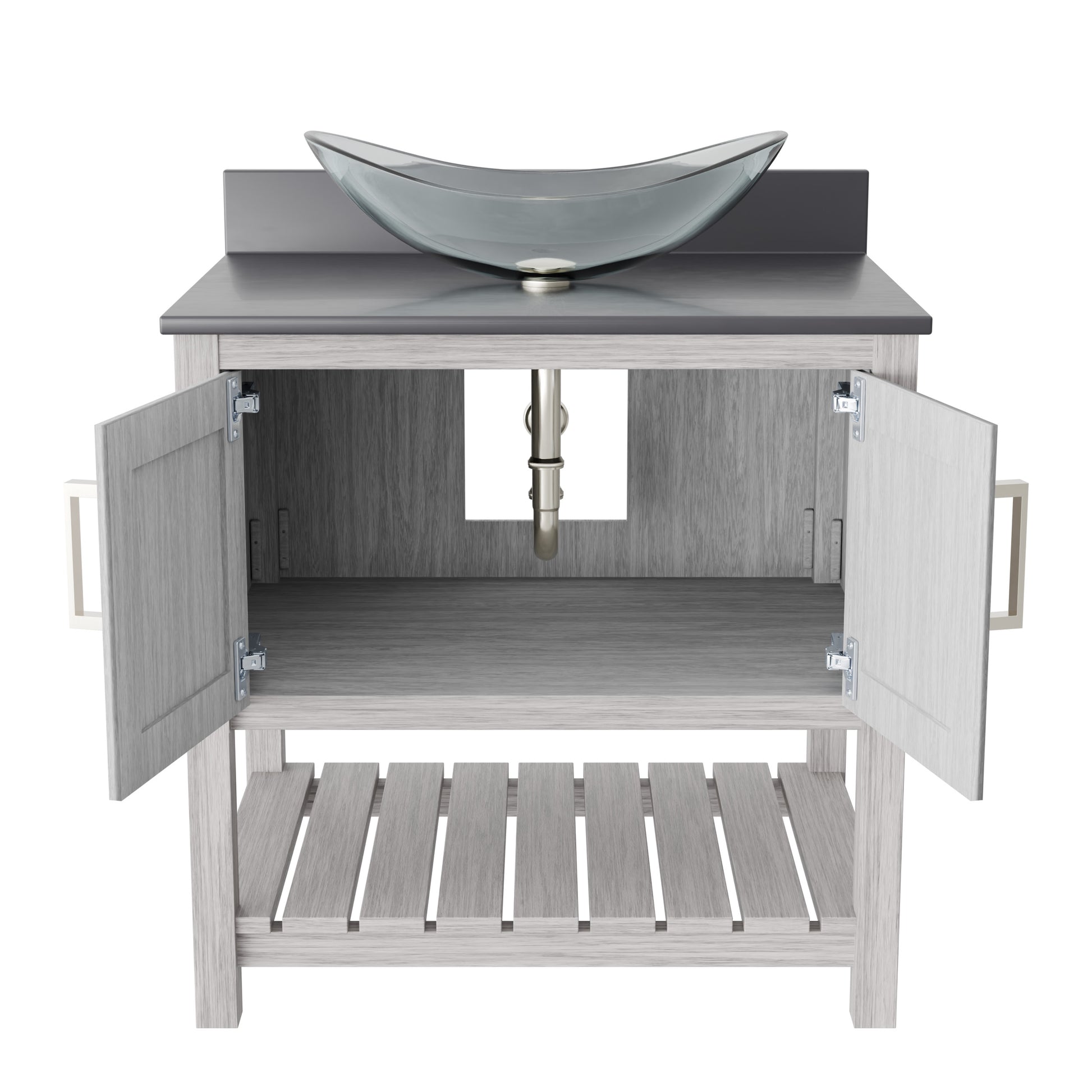 30-inch Novatto bath vanity with storm grey quartz countertop and integrated sink, modern bathroom accessory.