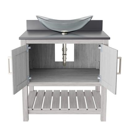 30-inch Novatto bath vanity with storm grey quartz countertop and integrated sink, modern bathroom accessory.