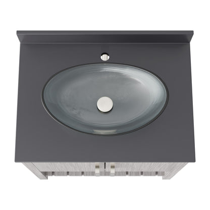 30-inch Novatto bathroom vanity with storm grey quartz countertop and integrated sink, showcasing modern bathroom accessory design.
