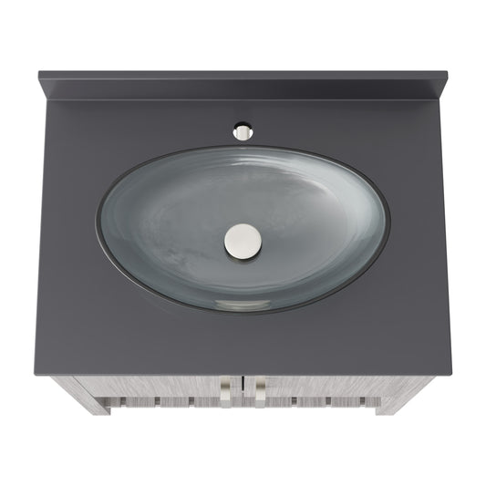 30-inch Novatto bathroom vanity with storm grey quartz countertop and integrated sink, showcasing modern bathroom accessory design.