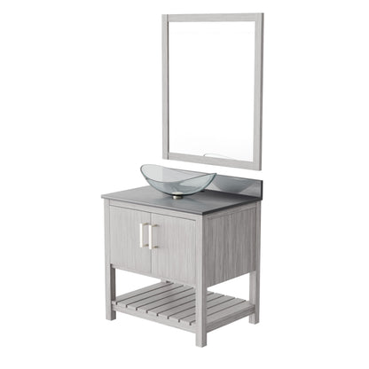 30-inch Novatto bath vanity with storm grey quartz countertop and integrated sink, showcasing modern bathroom accessory design.