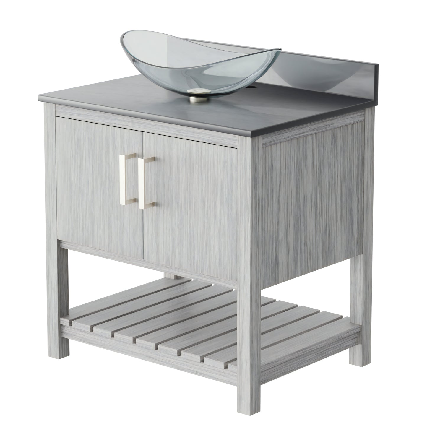 30-inch Novatto bath vanity with storm grey quartz countertop and integrated sink, stylish bathroom accessory.