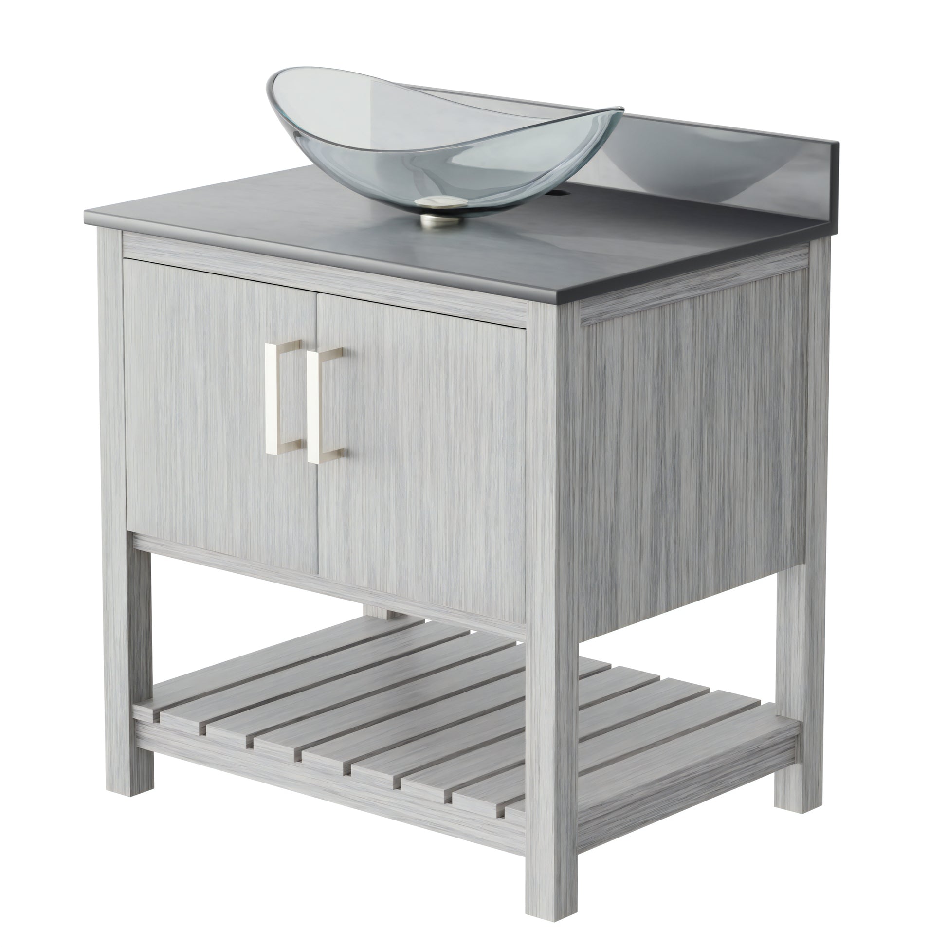 30-inch Novatto bath vanity with storm grey quartz countertop and integrated sink, stylish bathroom accessory.