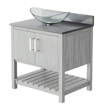 30-inch Novatto bath vanity with storm grey quartz countertop and integrated sink, stylish bathroom accessory.