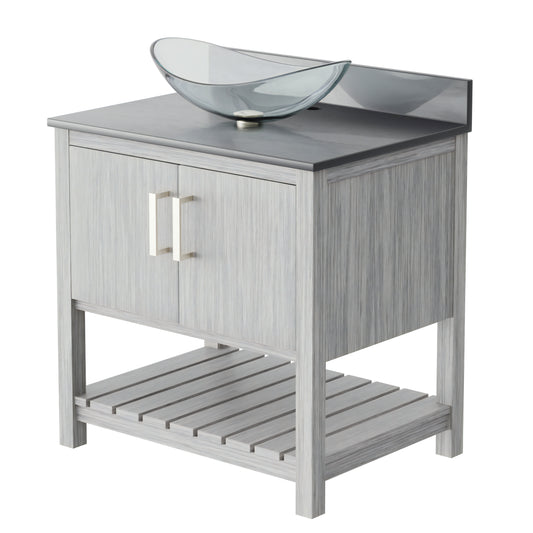 30-inch Novatto bath vanity with storm grey quartz countertop and integrated sink, stylish bathroom accessory.