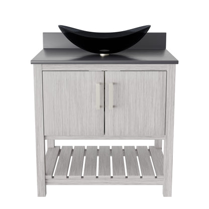 30-inch Novatto bathroom vanity with storm grey quartz countertop and sink, featuring a sleek, modern design.